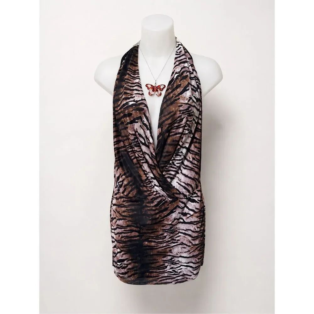 Superdown Tiger Print Halter Mini Dress XS Animal Print Plunge Party Club